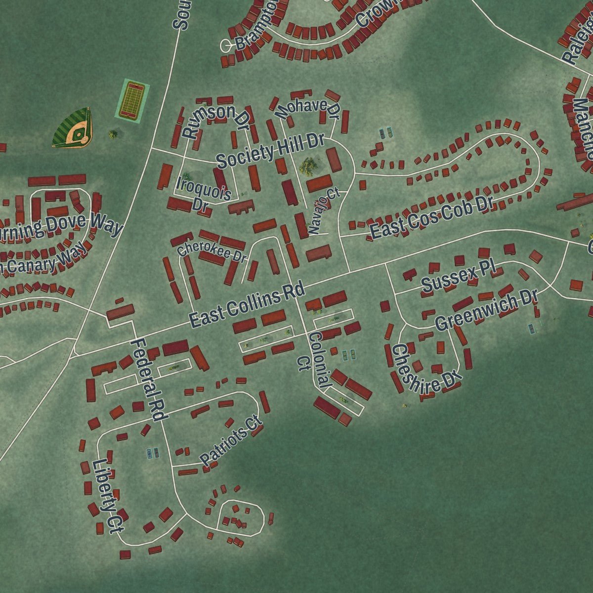 Second close-up of the map of Smithville, New Jersey print showing more streets and buildings