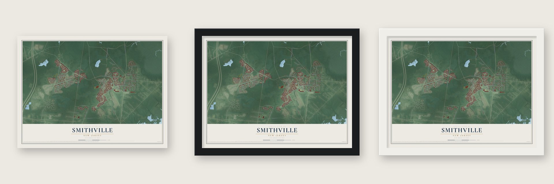 Smithville, New Jersey map unframed, in a black wood frame and in a white wood frame
