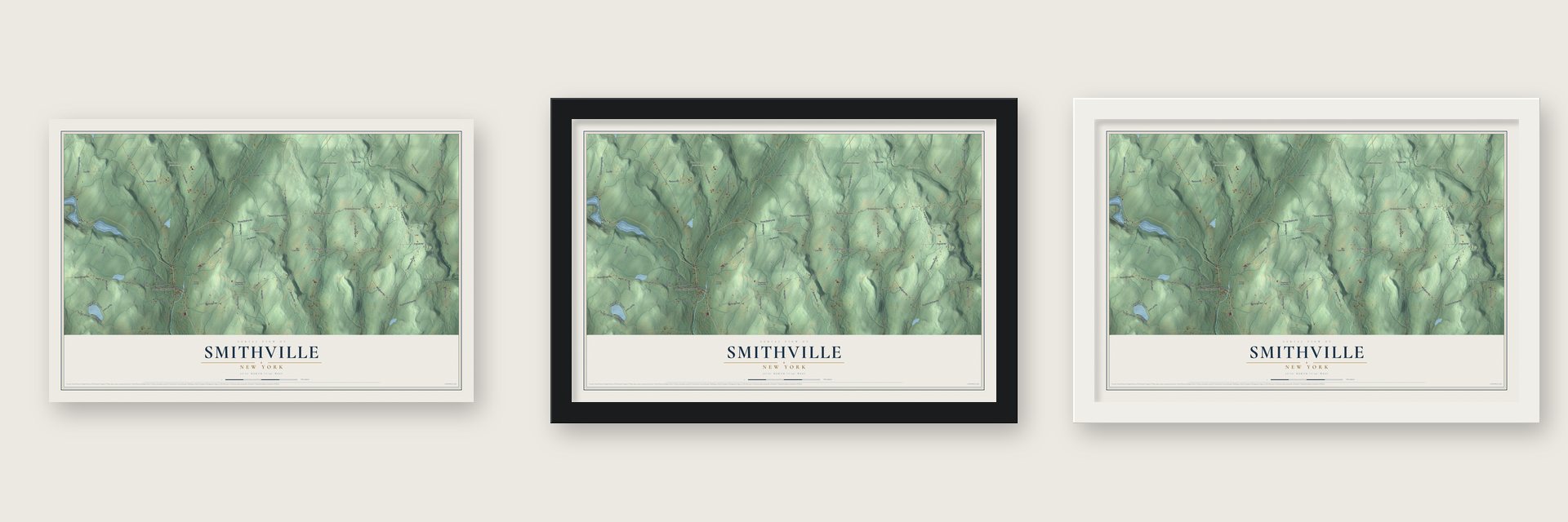 Smithville, New York map unframed, in a black wood frame and in a white wood frame