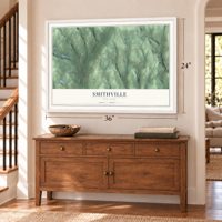 Smithville, New York map, 24 x 36 inch print in a white frame above a dresser by a staircase