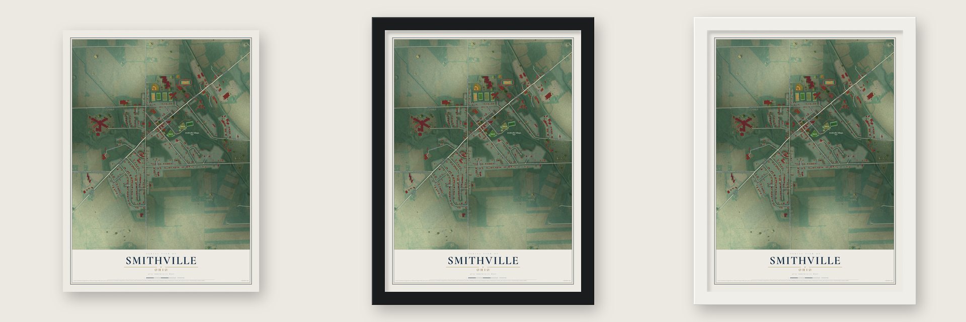 Smithville, Ohio map unframed, in a black wood frame and in a white wood frame