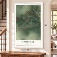 Smithville, Ohio map, 24 x 36 inch print in a white frame by a staircase