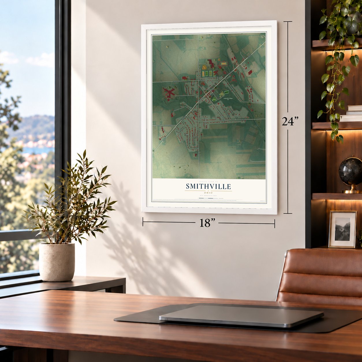 Smithville, Ohio map, 18 x 24 inch print in a white frame in a home office