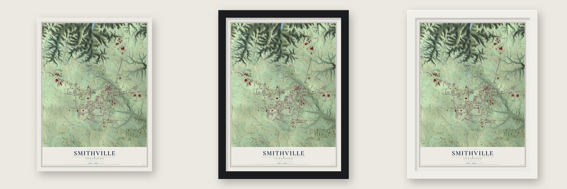 Smithville, Tennessee map unframed, in a black wood frame and in a white wood frame