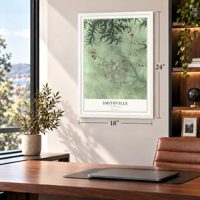 Smithville, Tennessee map, 18 x 24 inch print in a white frame in a home office