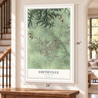 Smithville, Tennessee map, 24 x 36 inch print in a white frame by a staircase