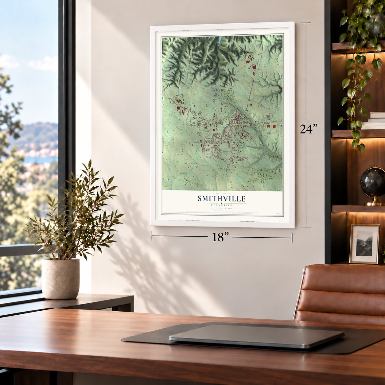 Smithville, Tennessee map, 18 x 24 inch print in a white frame in a home office