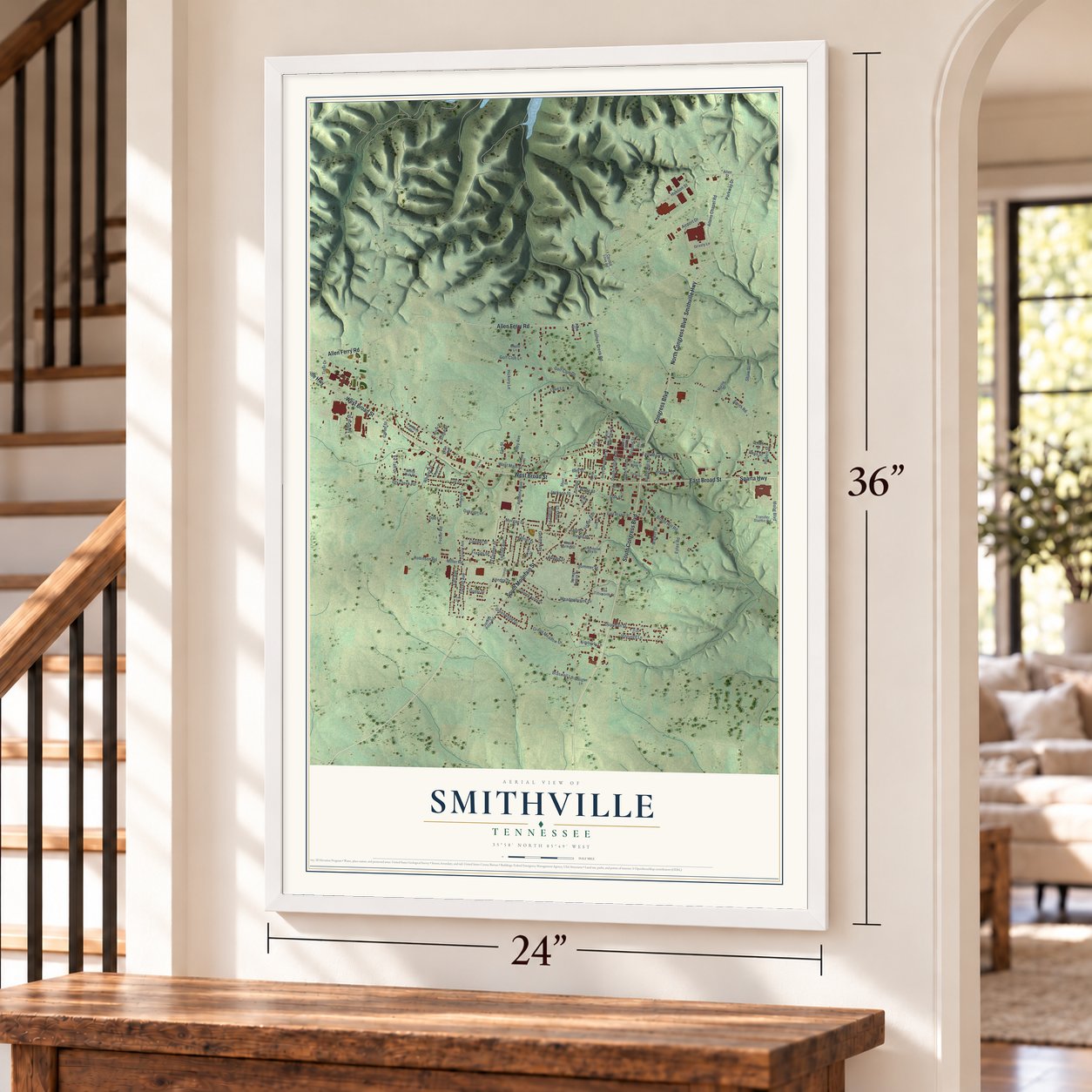 Smithville, Tennessee map, 24 x 36 inch print in a white frame by a staircase
