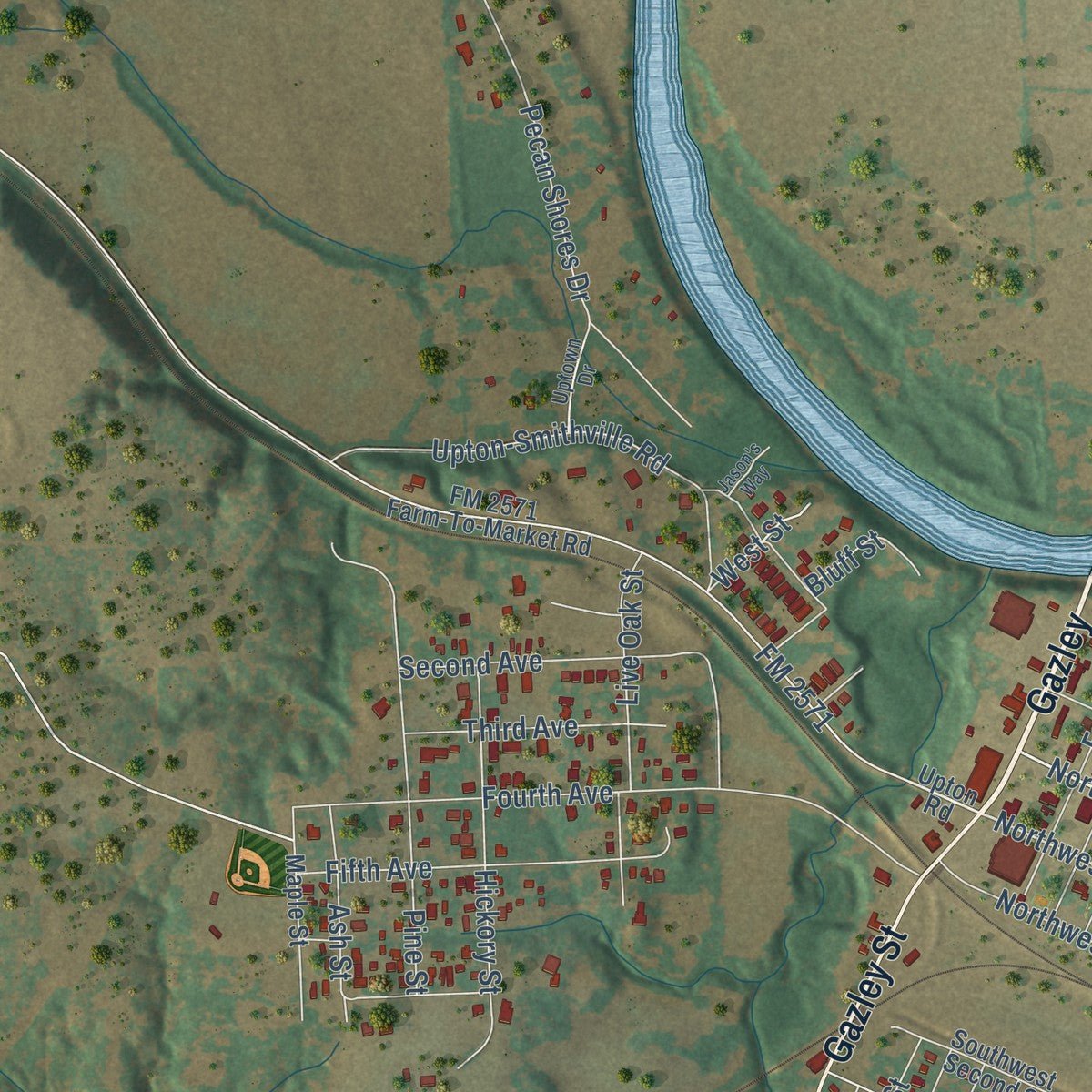 Second close-up of the map of Smithville, Texas print showing more streets and buildings