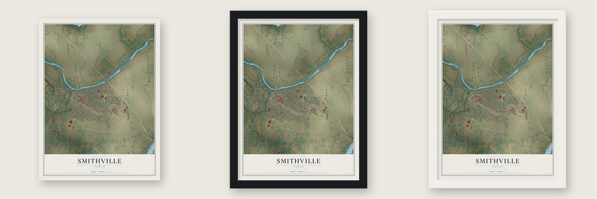 Smithville, Texas map unframed, in a black wood frame and in a white wood frame