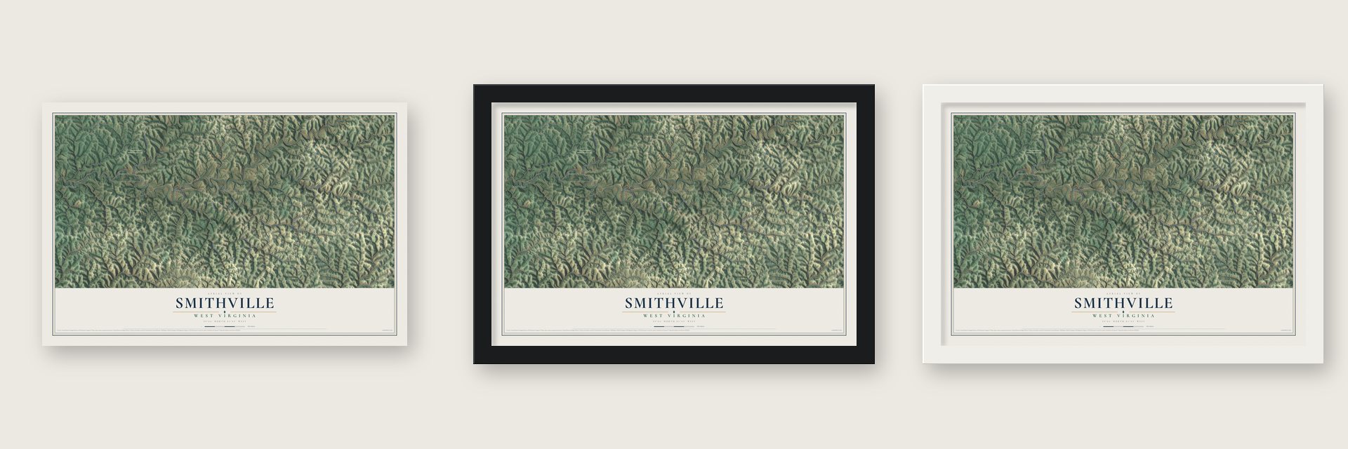 Smithville, West Virginia map unframed, in a black wood frame and in a white wood frame