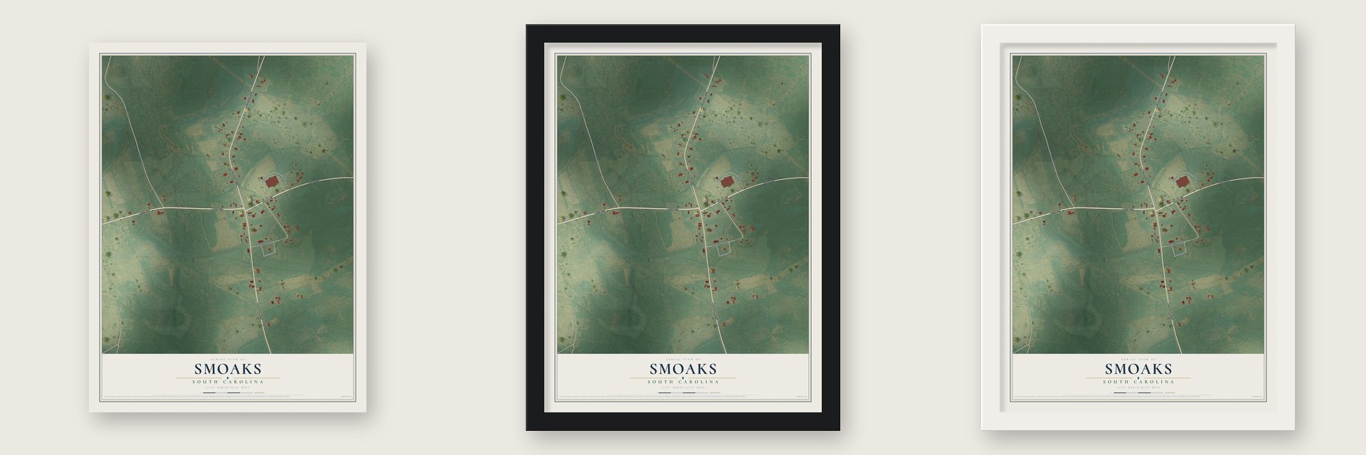 Smoaks, South Carolina map unframed, in a black wood frame and in a white wood frame