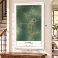 Smoaks, South Carolina map, 24 x 36 inch print in a white frame by a staircase