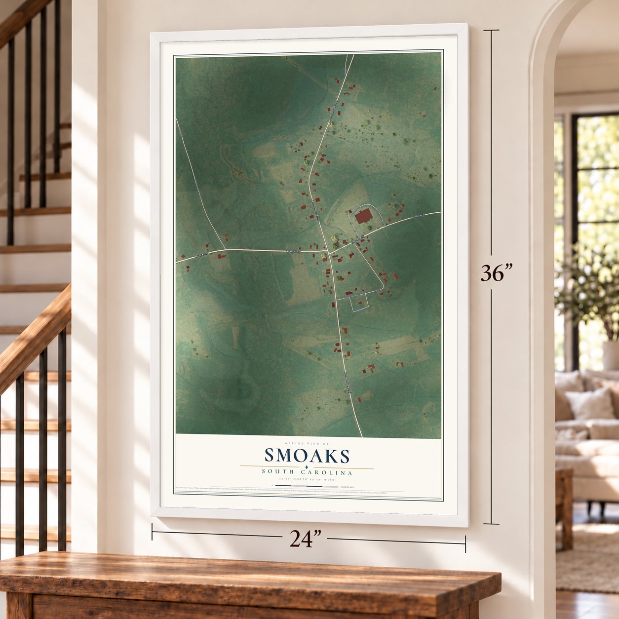 Smoaks, South Carolina map, 24 x 36 inch print in a white frame by a staircase