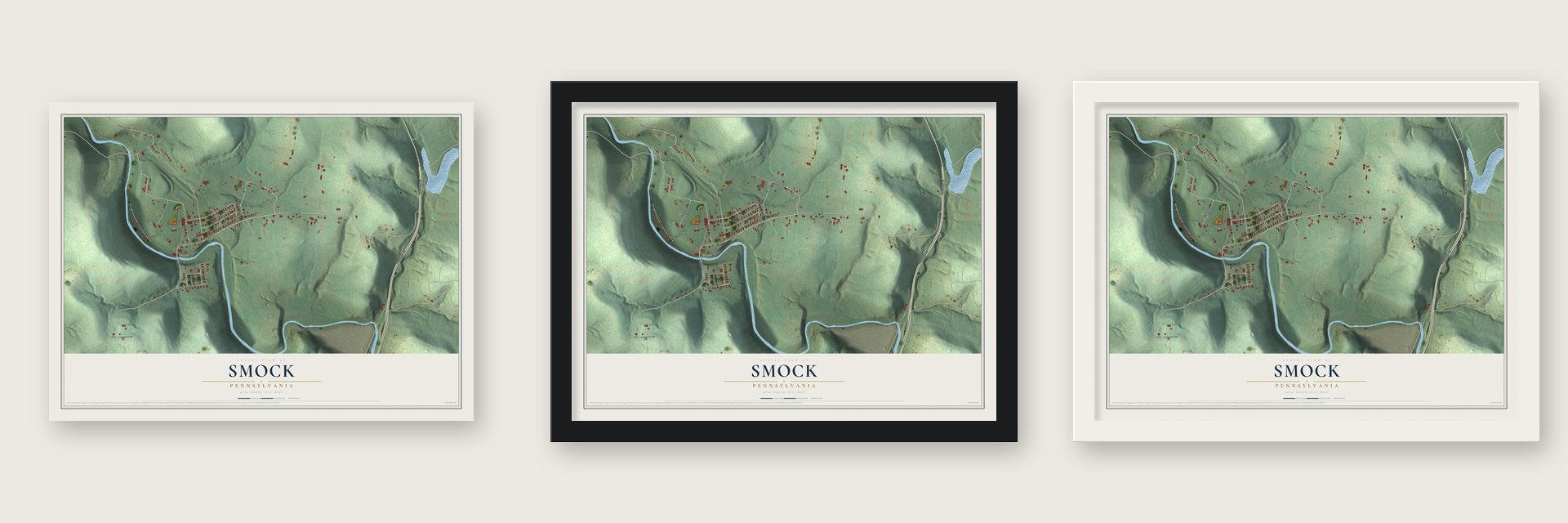 Smock, Pennsylvania map unframed, in a black wood frame and in a white wood frame