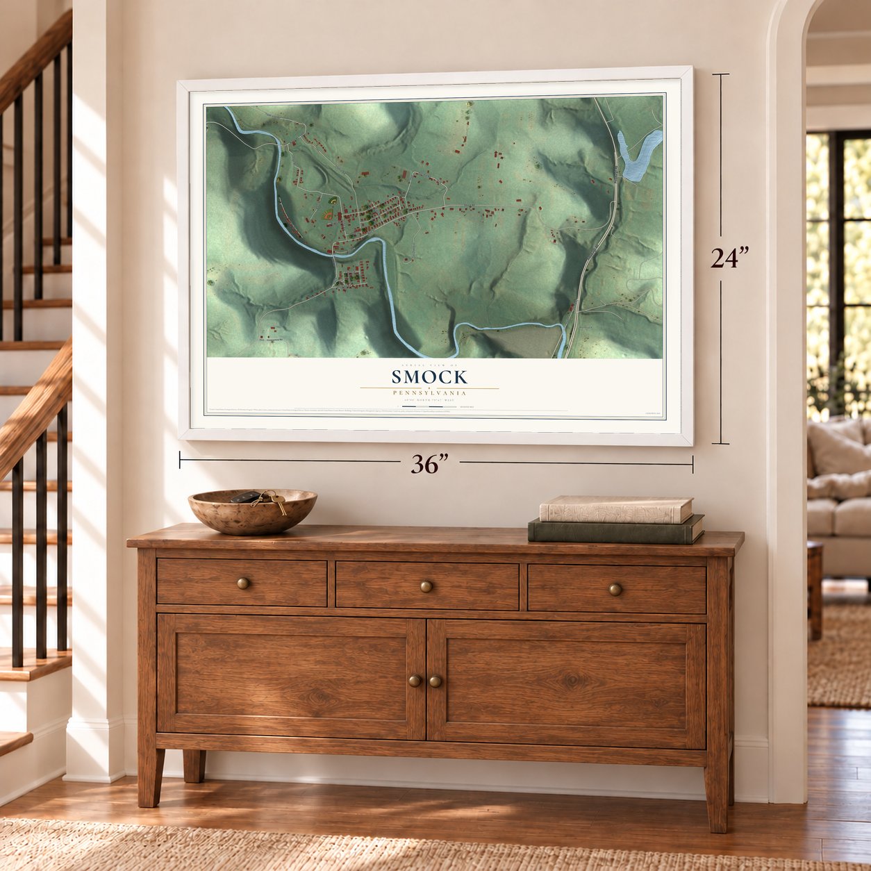 Smock, Pennsylvania map, 24 x 36 inch print in a white frame above a dresser by a staircase