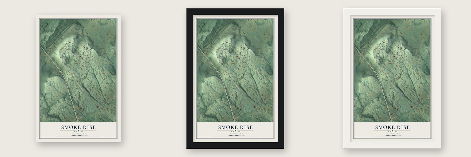 Smoke Rise, Alabama map unframed, in a black wood frame and in a white wood frame