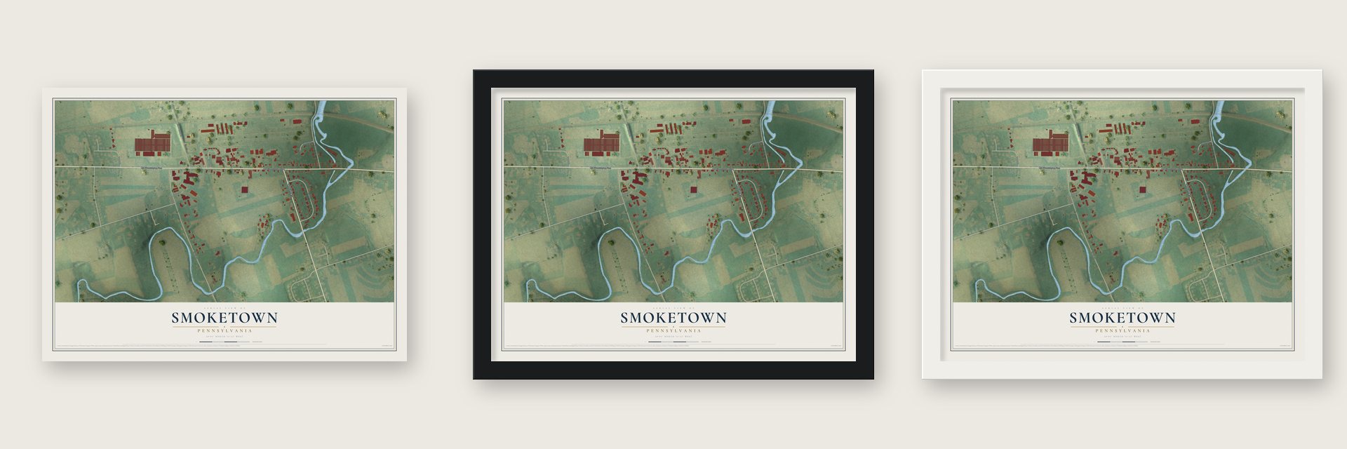 Smoketown, Pennsylvania map unframed, in a black wood frame and in a white wood frame