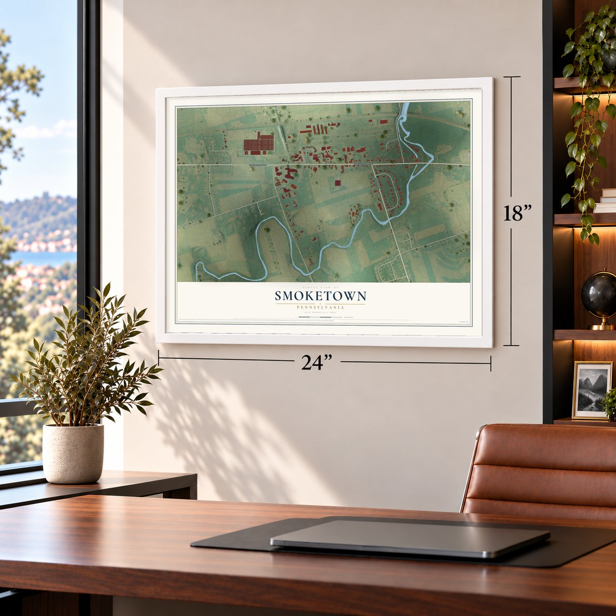 Smoketown, Pennsylvania map, 18 x 24 inch print in a white frame in a home office