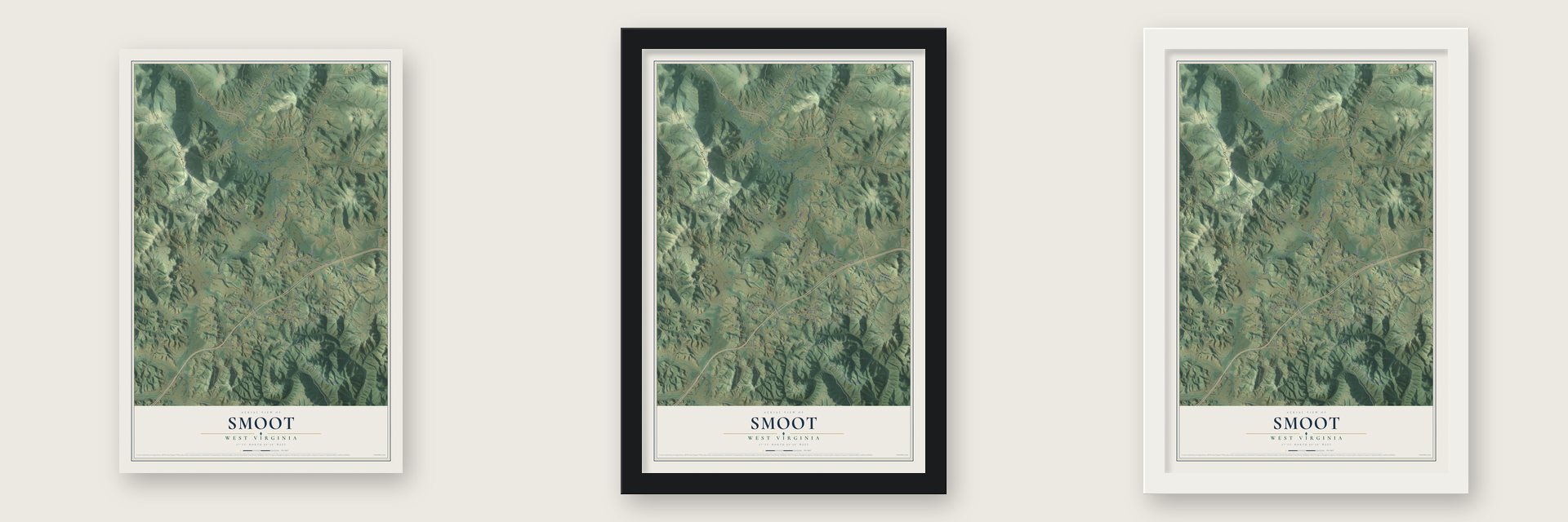 Smoot, West Virginia map unframed, in a black wood frame and in a white wood frame