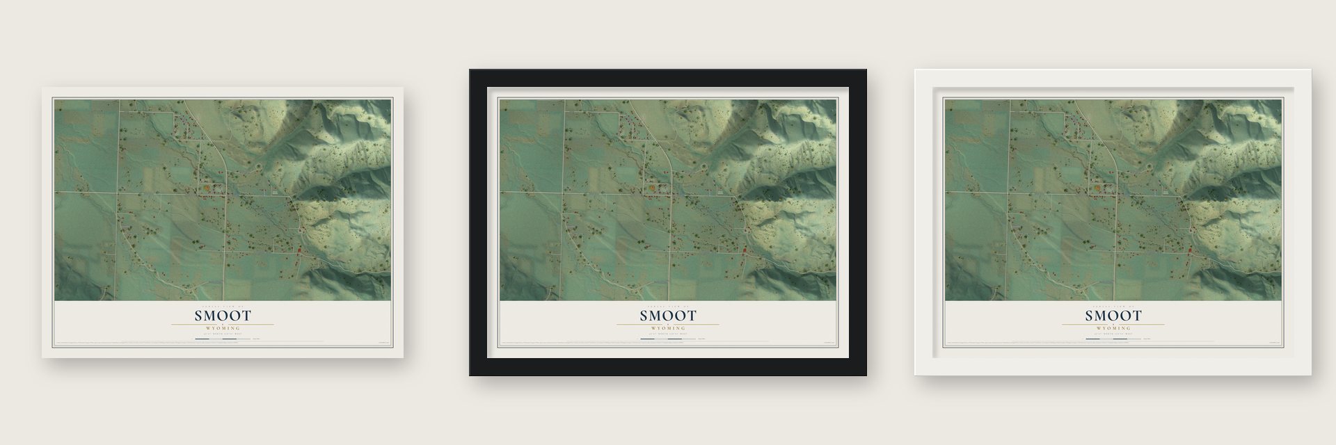 Smoot, Wyoming map unframed, in a black wood frame and in a white wood frame