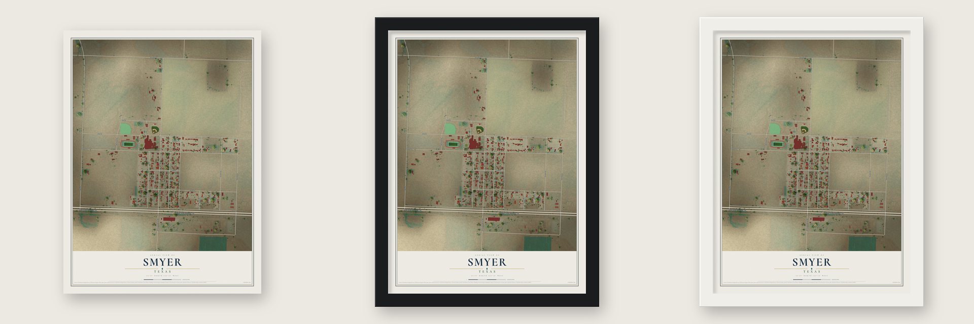 Smyer, Texas map unframed, in a black wood frame and in a white wood frame