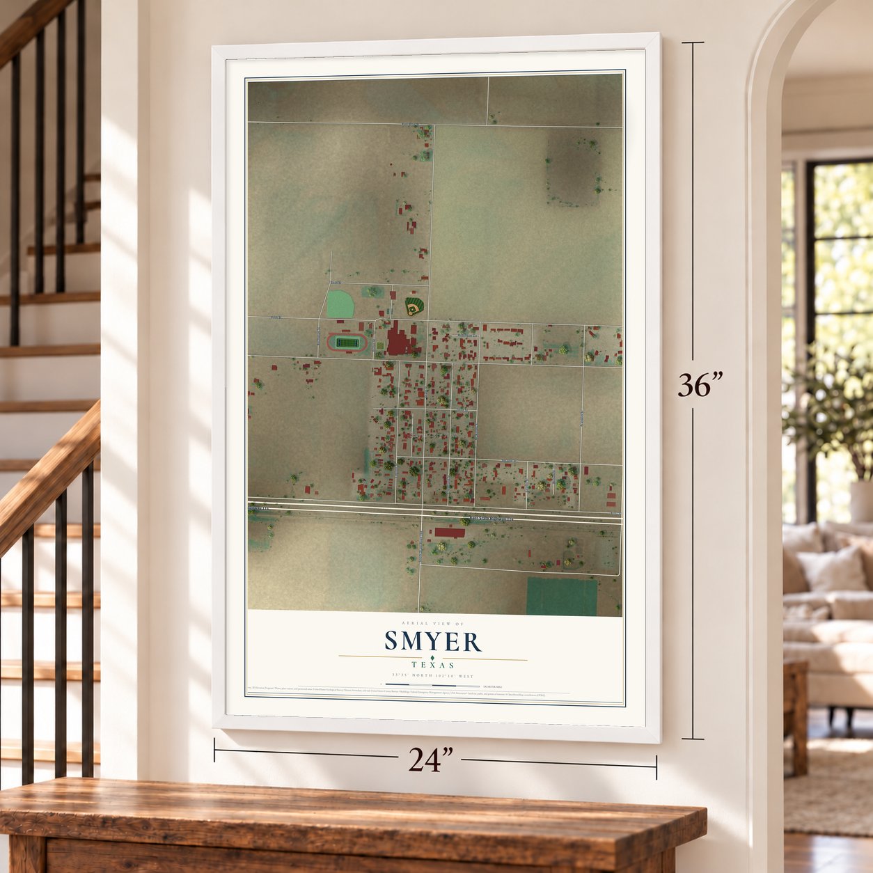 Smyer, Texas map, 24 x 36 inch print in a white frame by a staircase