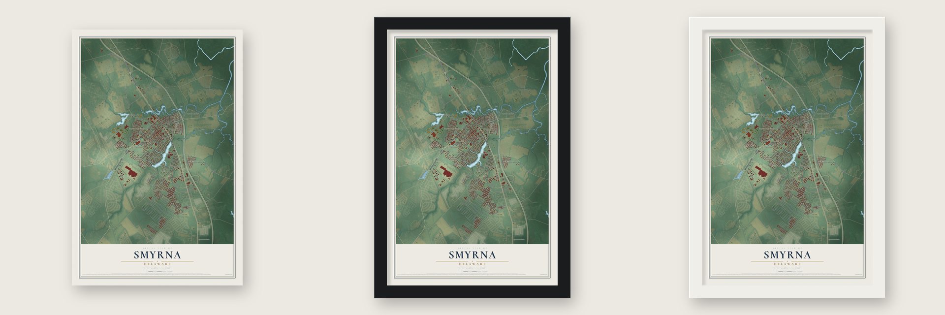 Smyrna, Delaware map unframed, in a black wood frame and in a white wood frame