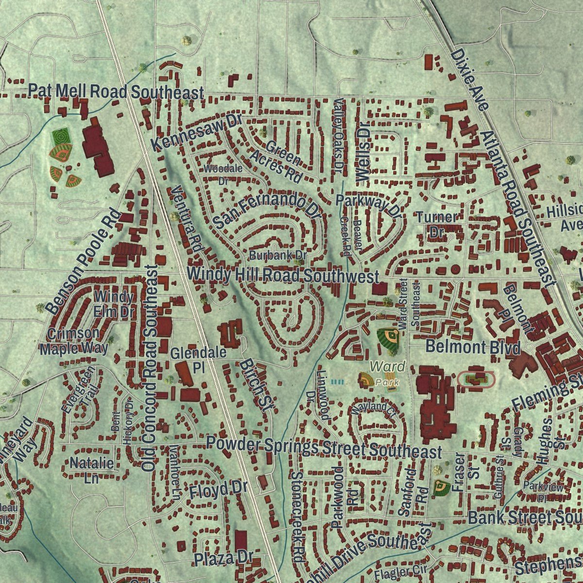 Second close-up of the map of Smyrna, Georgia print showing more streets and buildings