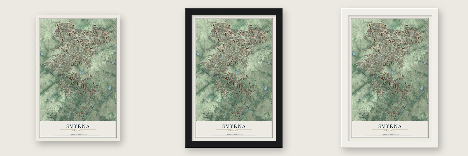 Smyrna, Georgia map unframed, in a black wood frame and in a white wood frame