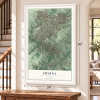Smyrna, Georgia map, 24 x 36 inch print in a white frame by a staircase