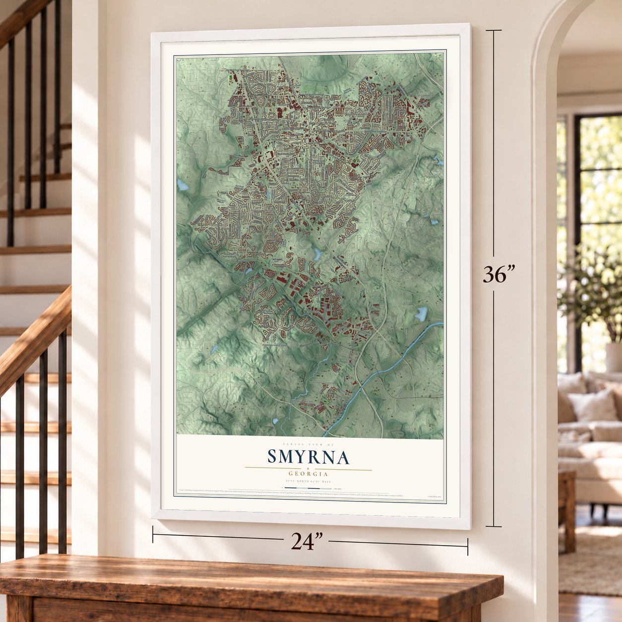 Smyrna, Georgia map, 24 x 36 inch print in a white frame by a staircase