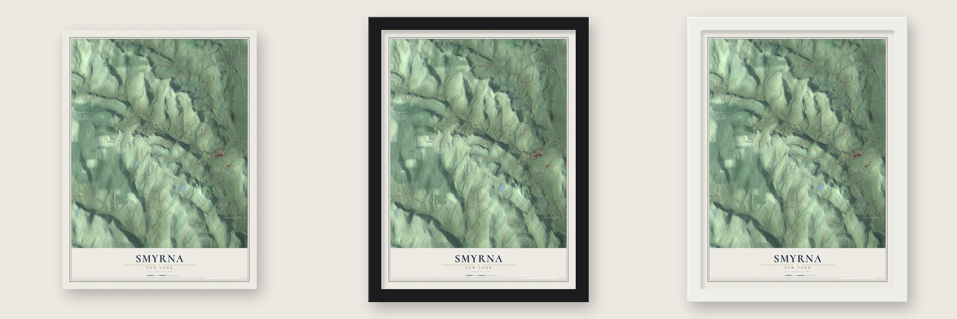 Smyrna, New York map unframed, in a black wood frame and in a white wood frame