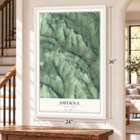 Smyrna, New York map, 24 x 36 inch print in a white frame by a staircase