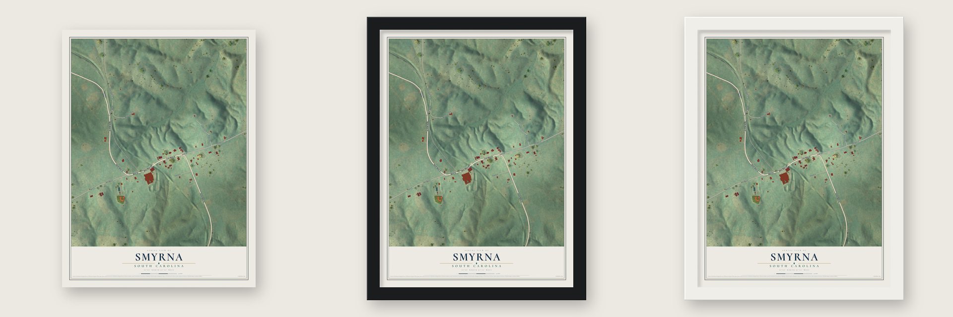 Smyrna, South Carolina map unframed, in a black wood frame and in a white wood frame