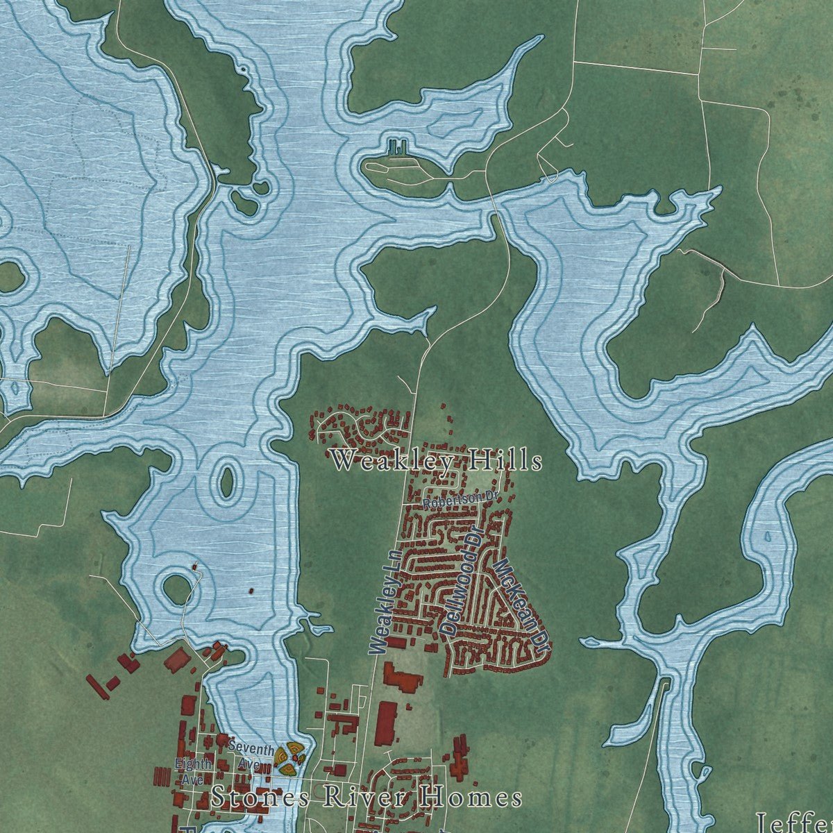 Second close-up of the map of Smyrna, Tennessee print showing more streets and buildings
