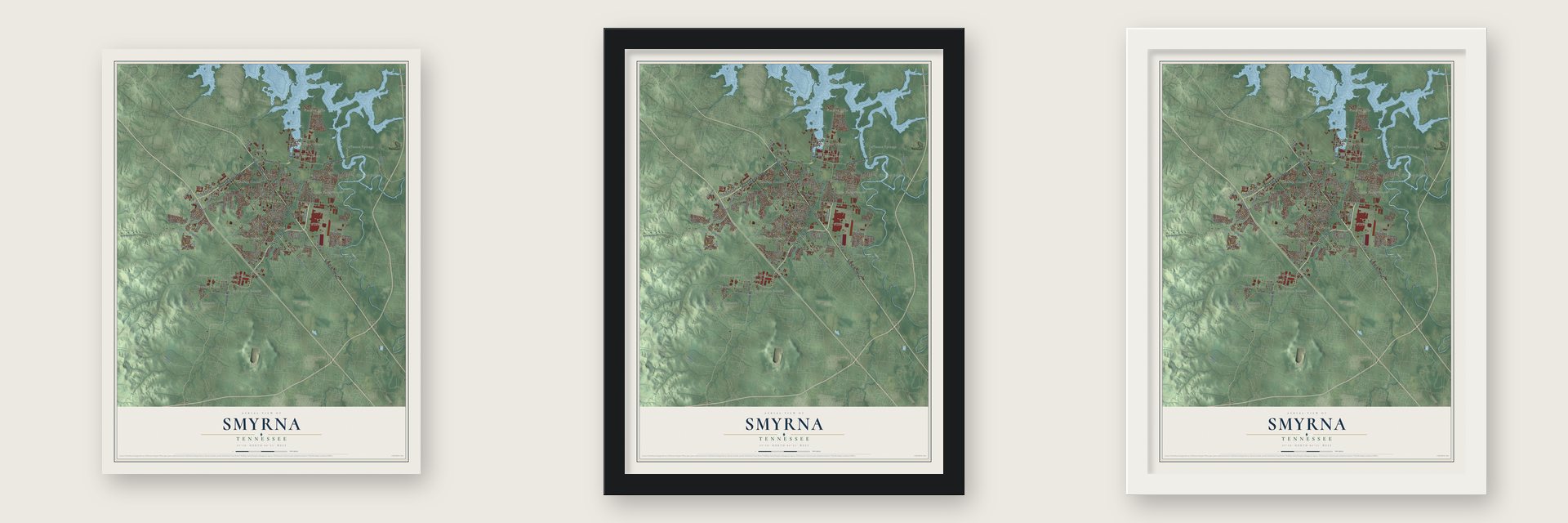 Smyrna, Tennessee map unframed, in a black wood frame and in a white wood frame