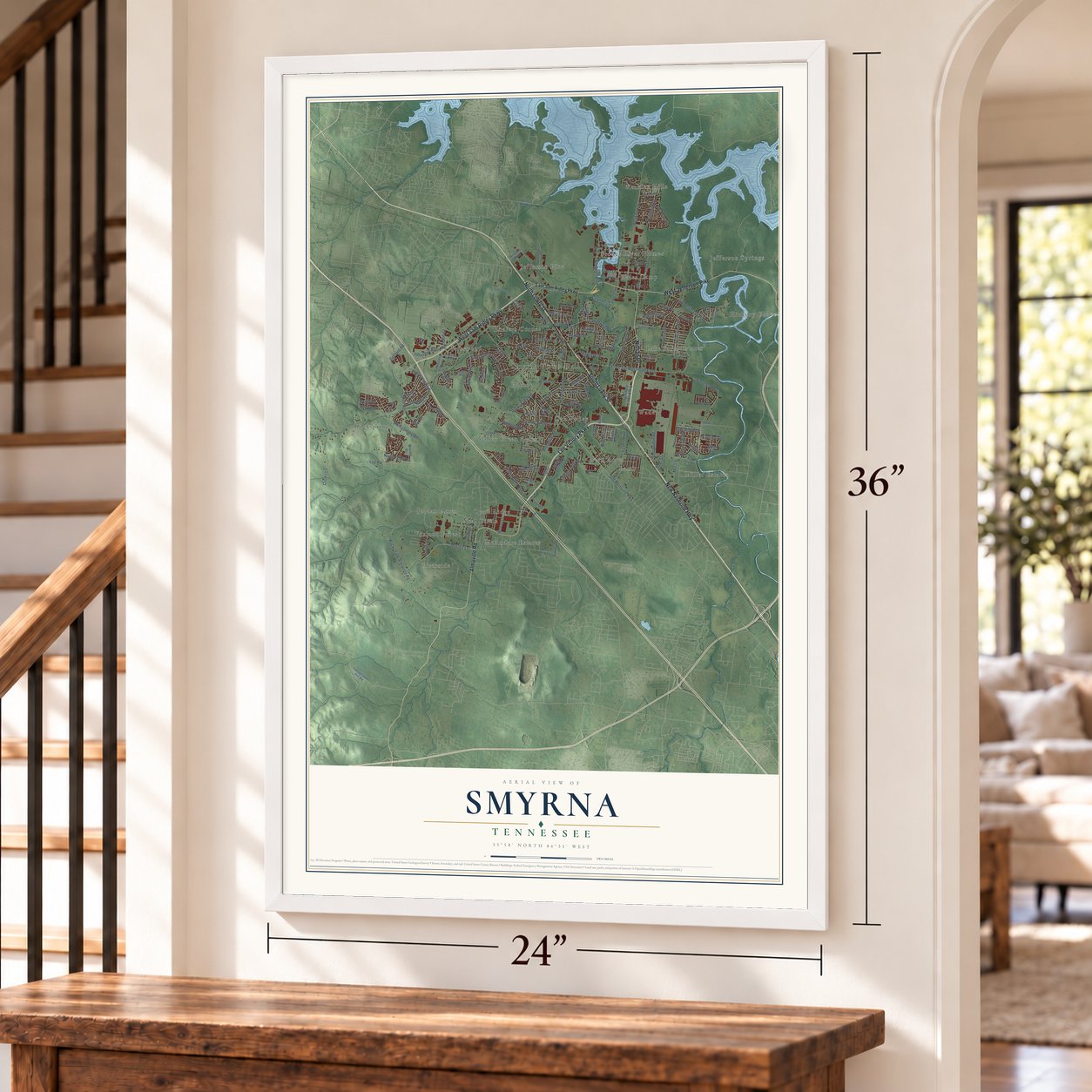 Smyrna, Tennessee map, 24 x 36 inch print in a white frame by a staircase