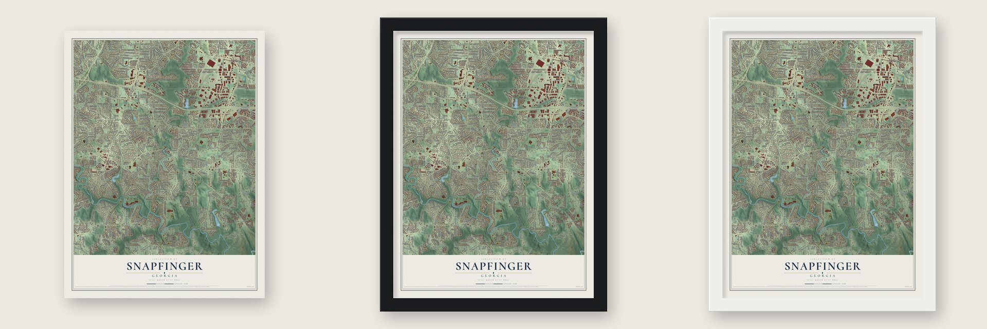 Snapfinger, Georgia map unframed, in a black wood frame and in a white wood frame