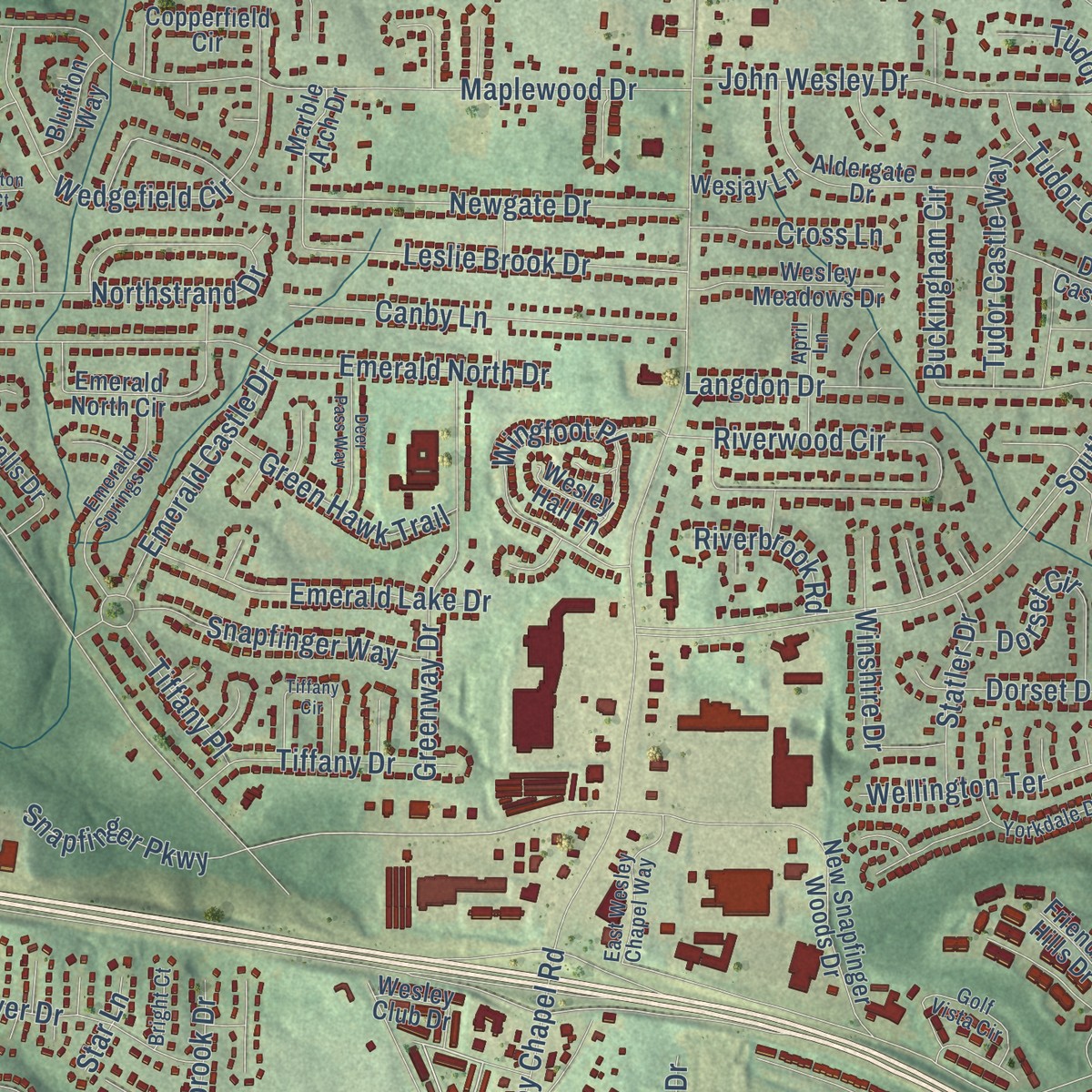 Second close-up of the map of Snapfinger, Georgia print showing more streets and buildings