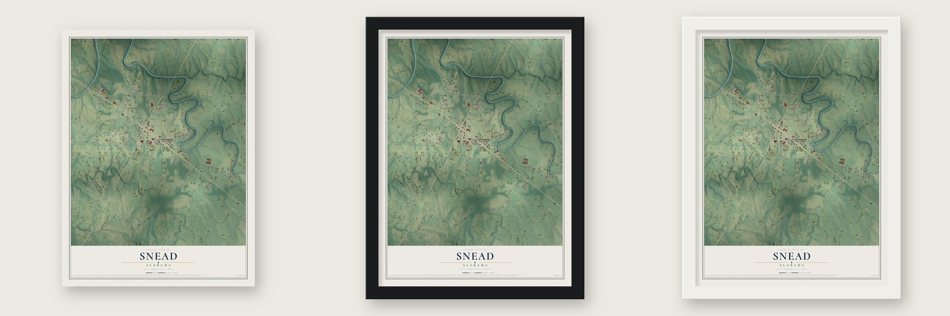 Snead, Alabama map unframed, in a black wood frame and in a white wood frame