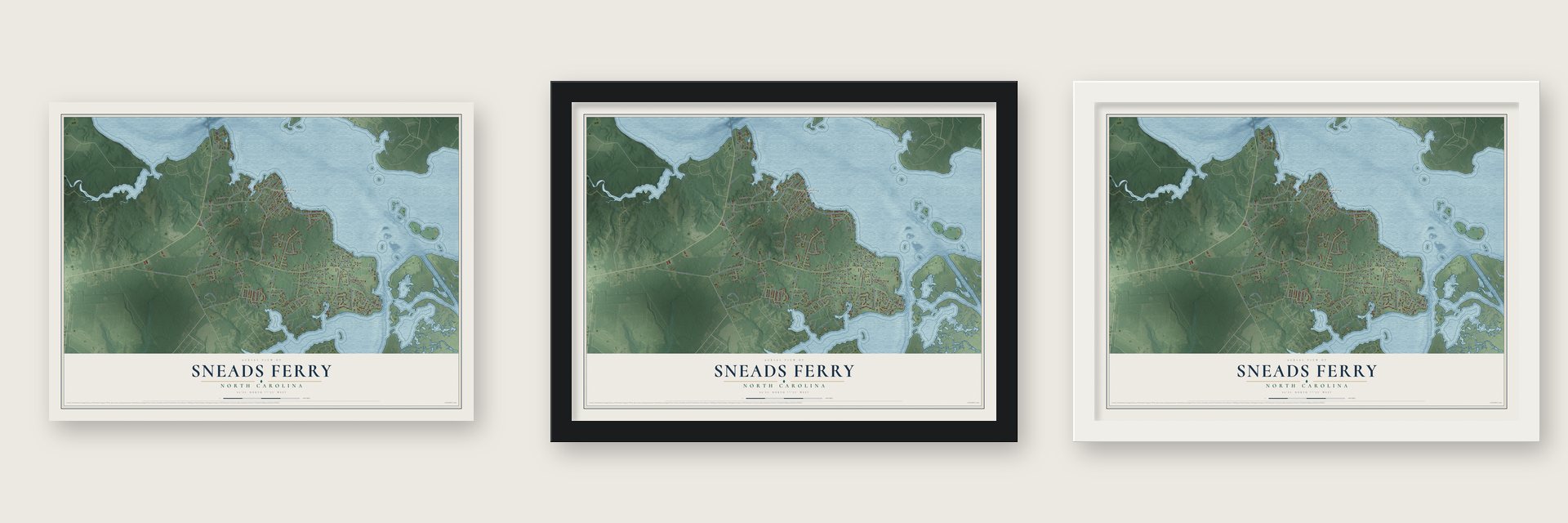 Sneads Ferry, North Carolina map unframed, in a black wood frame and in a white wood frame