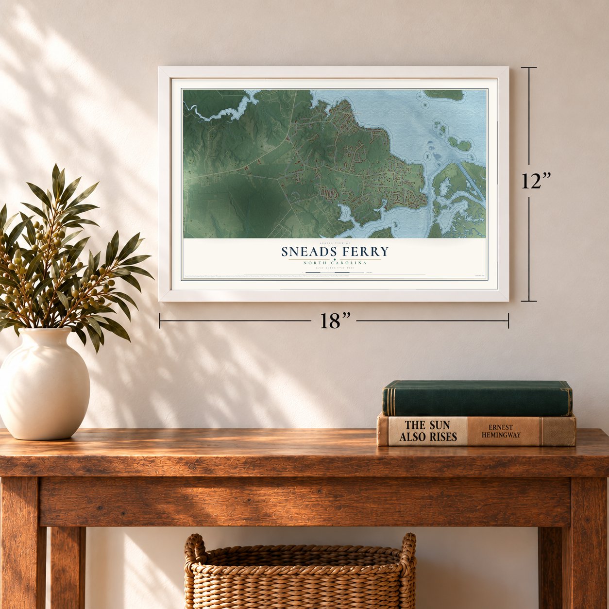 Sneads Ferry, North Carolina map, 12 x 18 inch print in a white frame in an entryway