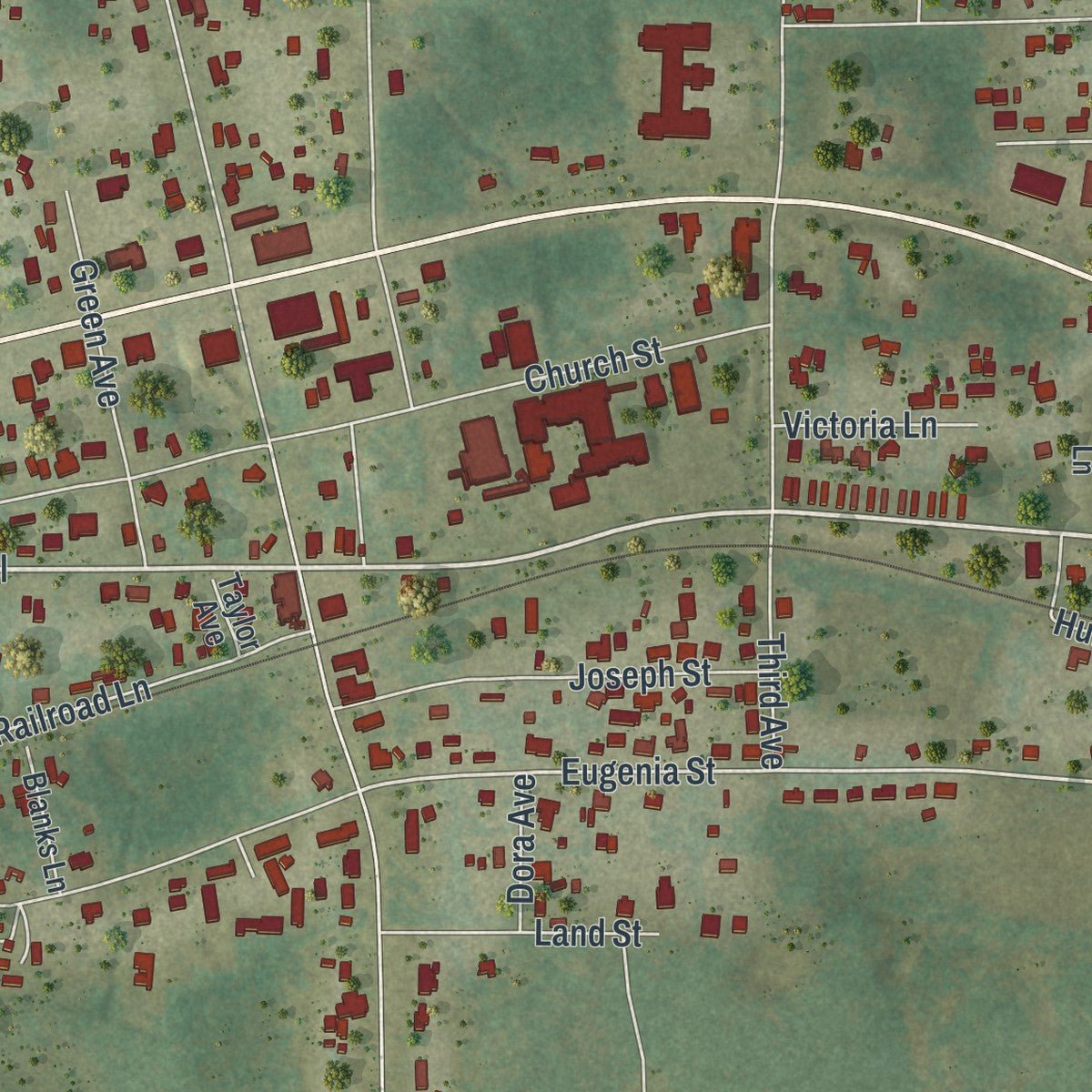 Second close-up of the map of Sneads, Florida print showing more streets and buildings