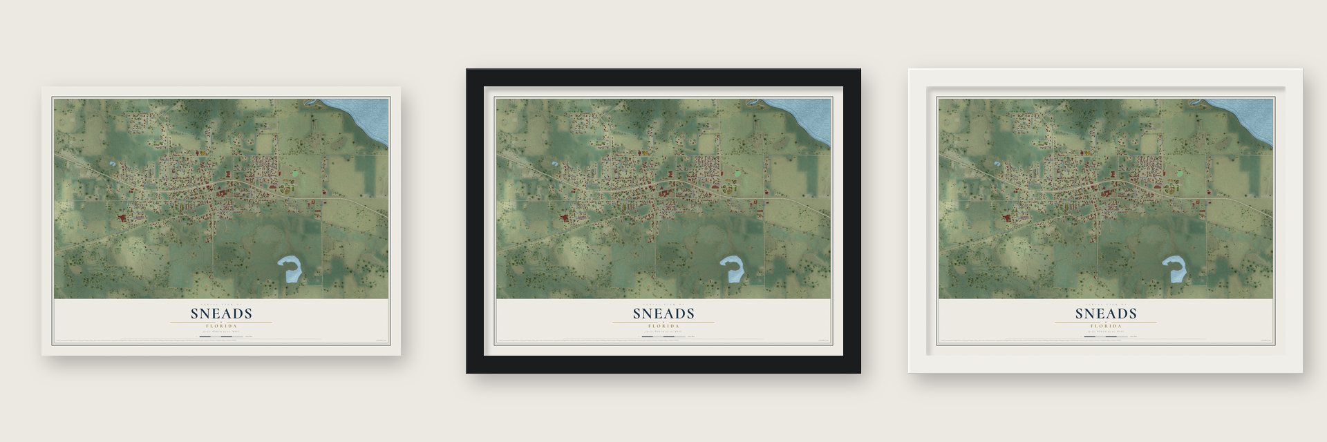 Sneads, Florida map unframed, in a black wood frame and in a white wood frame