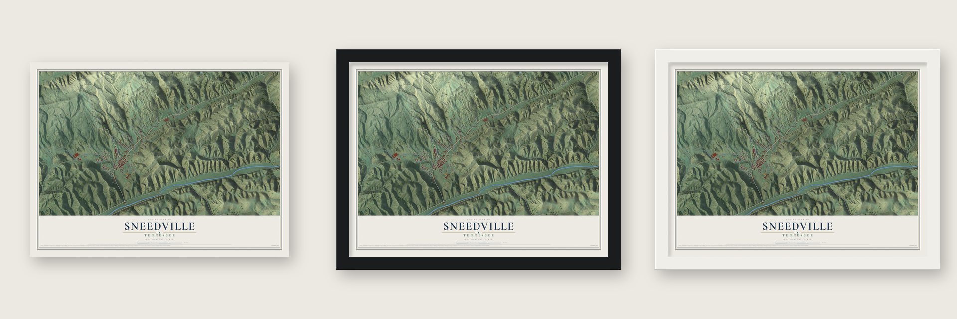 Sneedville, Tennessee map unframed, in a black wood frame and in a white wood frame