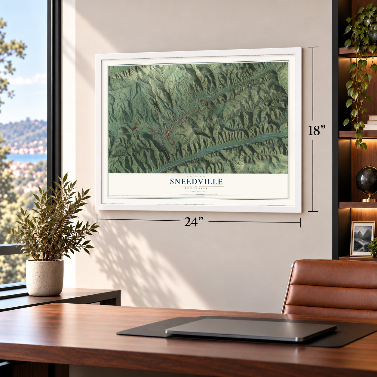 Sneedville, Tennessee map, 18 x 24 inch print in a white frame in a home office