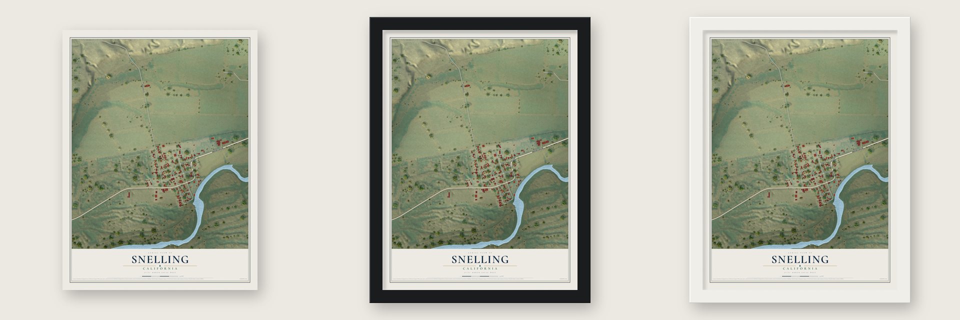 Snelling, California map unframed, in a black wood frame and in a white wood frame