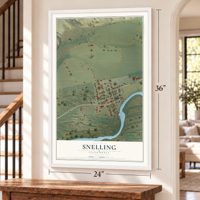 Snelling, California map, 24 x 36 inch print in a white frame by a staircase