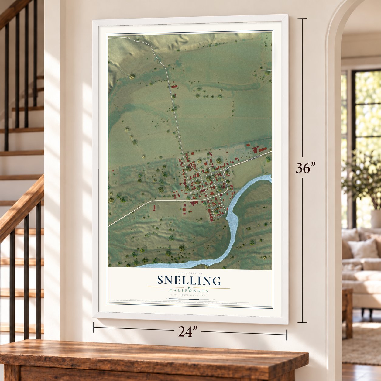 Snelling, California map, 24 x 36 inch print in a white frame by a staircase